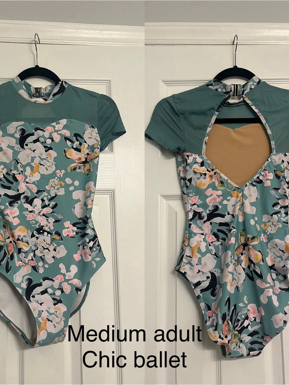 Floral Mint Green Ballet Leotard with Keyhole Back